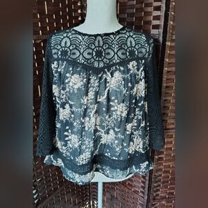 Denim & Supply Ralph Lauren Black Floral Crochet Sleeve Boho Dark Romance Size M